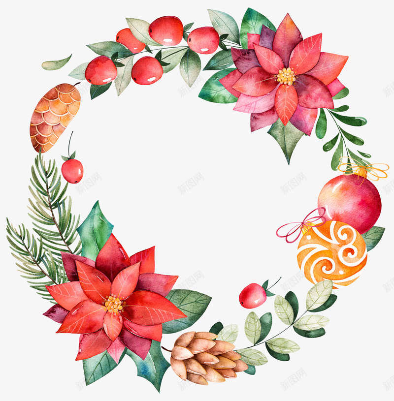圣诞节花环png免抠素材_新图网 https://ixintu.com 创意 叶子 圣诞节装饰 圣诞花环 彩球 红色 绿叶