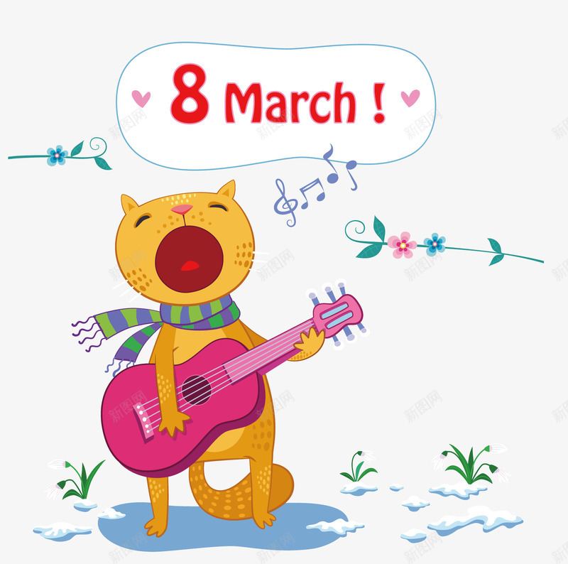 一只弹吉他的小猫png免抠素材_新图网 https://ixintu.com 卡通 卡通动物 可爱 围脖 小动物 小猫 红色吉他