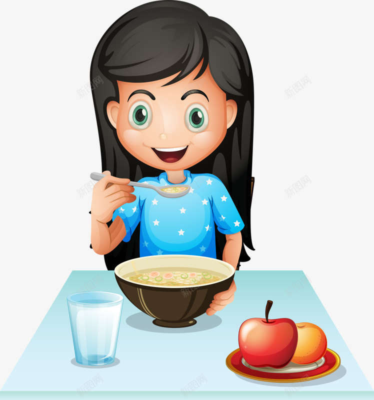 吃早饭的女孩png免抠素材_新图网 https://ixintu.com 勺子 白粥 苹果 茶杯