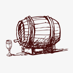 素描木桶手绘葡萄酒酒桶酒杯高清图片