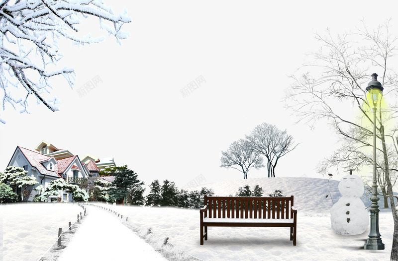 美丽的冬季风景png免抠素材_新图网 https://ixintu.com 小路 房子 景色 路灯 路边风景 雪人 雪景 飞雪