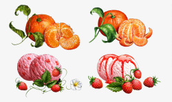 手绘橘子和草莓冰激凌球素材
