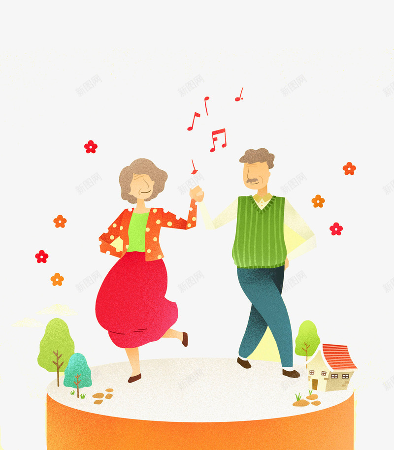 跳舞的老人png免抠素材_新图网 https://ixintu.com 卡通人物 夫妻 树木 男女 老人跳舞 舞蹈的老人家 花朵 跳舞的老人 音符