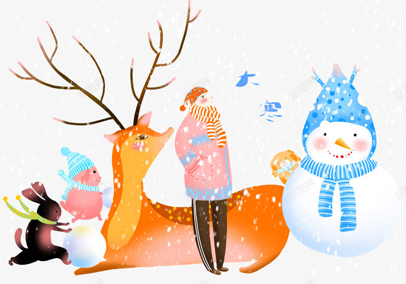 冬季卡通动物插画psd免抠素材_新图网 https://ixintu.com 兔子 冬季 动物 卡通手绘 插画 装饰图案 雪人 鹿