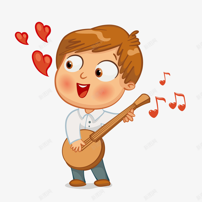 卡通手绘弹吉他的男生png免抠素材_新图网 https://ixintu.com 卡通手绘 可爱的 吉他 小男孩 开心的 爱心 音乐