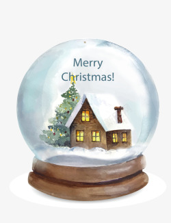 水彩水晶球水彩手绘圣诞小屋水晶球高清图片