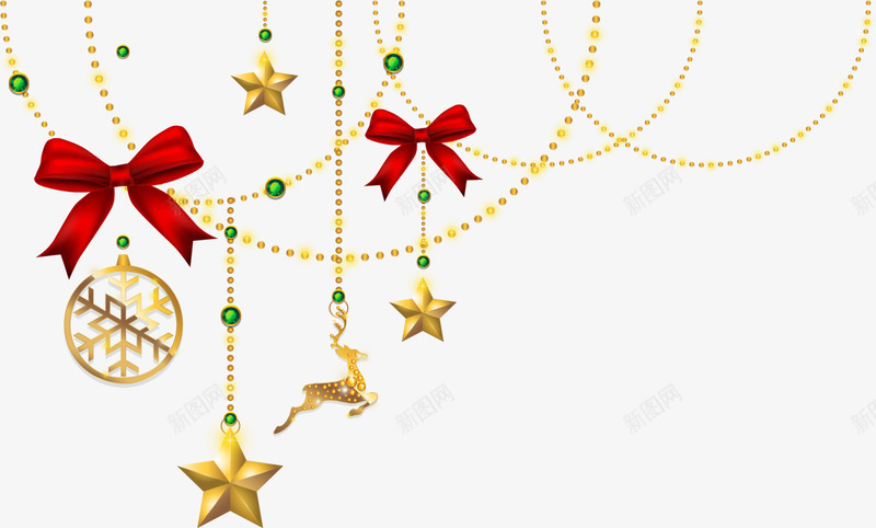 圣诞节金色星星装饰png免抠素材_新图网 https://ixintu.com 圣诞节装饰 星星装饰 红色蝴蝶结 金色圣诞球 金色星星 金色链子