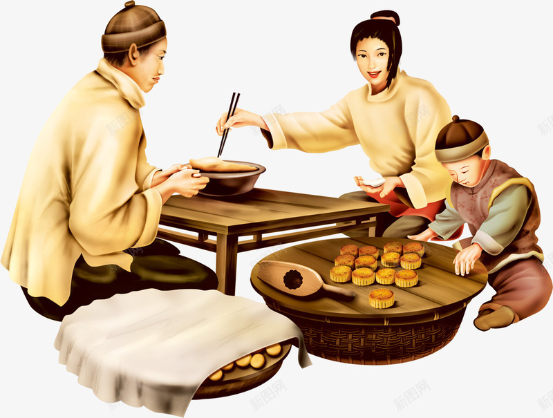 中国风做月饼的一家古风手绘png免抠素材_新图网 https://ixintu.com 一家 古风 国风 月饼