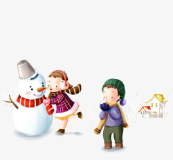下雪玩耍的儿童和雪人插画素材
