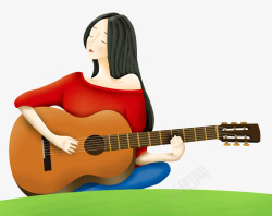 美女绿色草地淘宝背景踏青简约手绘卡通弹吉他的美女插高清图片