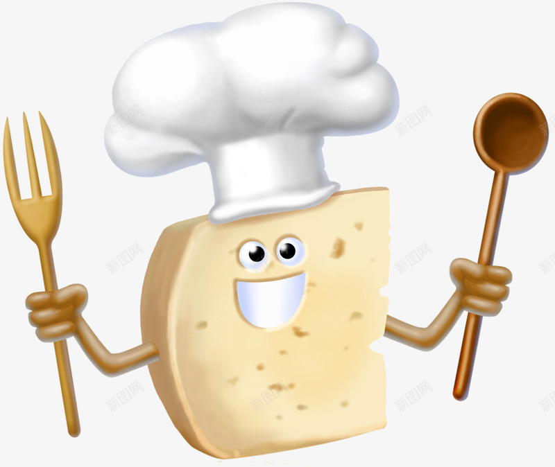 卡通手绘面包片拟人化png免抠素材_新图网 https://ixintu.com 勺子 厨师帽子 面包 饭叉子