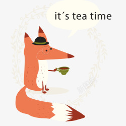 狐狸喝茶可爱喝茶的狐狸挂画矢量图高清图片