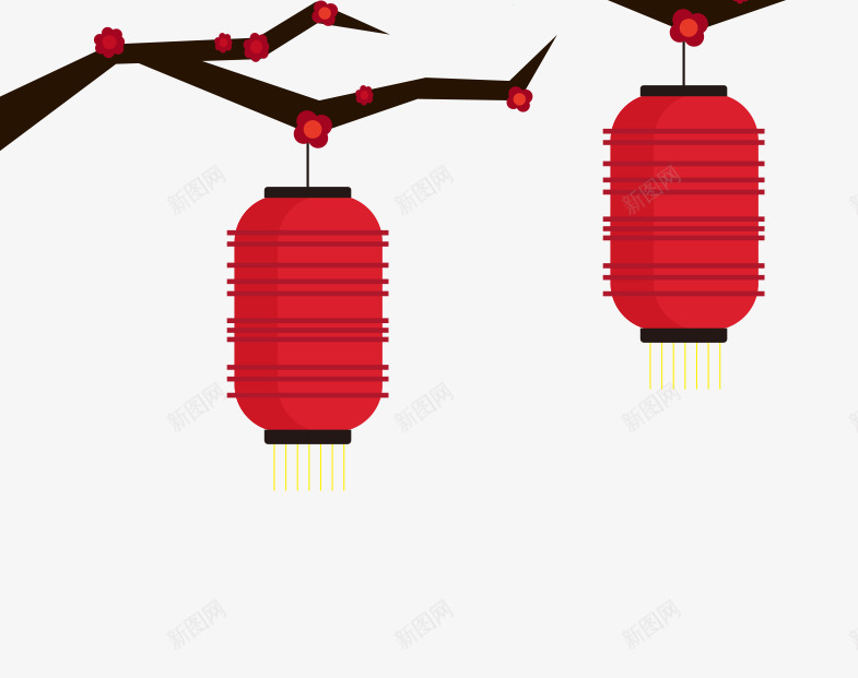 卡通挂在树枝上的红灯笼png免抠素材_新图网 https://ixintu.com 卡通灯笼 新年灯笼 梅花树枝 红色灯笼 背景装饰