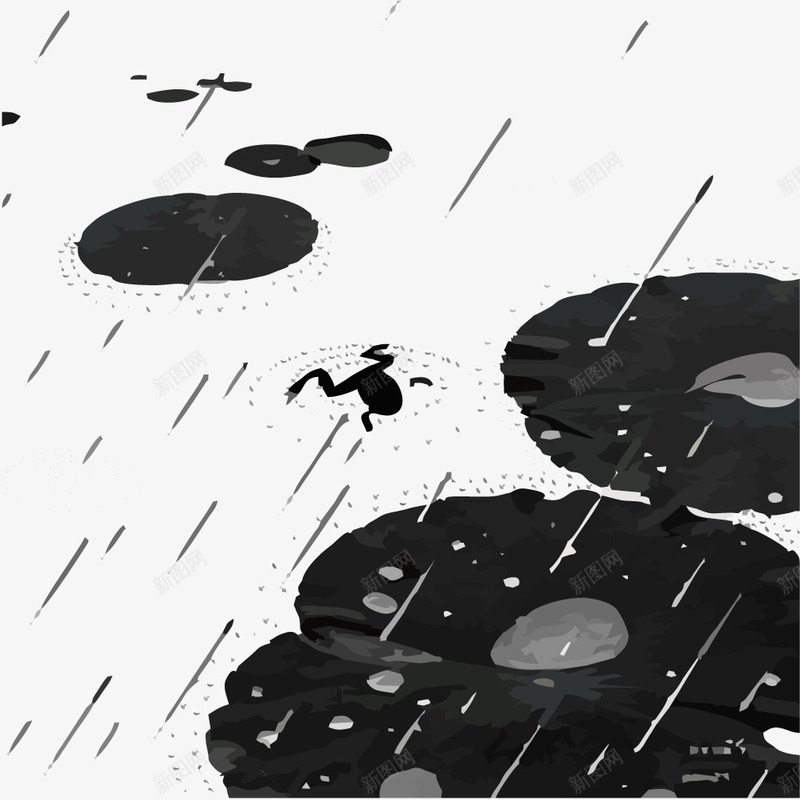 荷叶与青蛙png免抠素材_新图网 https://ixintu.com 手绘插画 矢量素材 荷叶 雨滴 青蛙 黑色