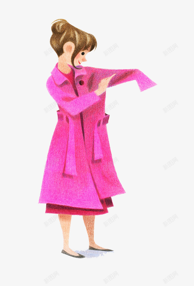 手绘女人穿风衣图案png免抠素材_新图网 https://ixintu.com 创意设计 可爱卡片 手绘插画