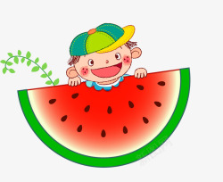 戴帽子的儿童吃西瓜的小男孩高清图片