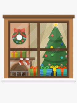 绿色窗户橱窗里的圣诞礼物高清图片