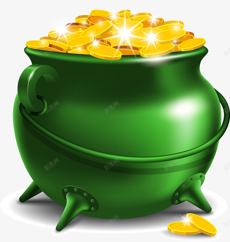 一堆金色金币png免抠素材_新图网 https://ixintu.com 一堆金币 奢华金币 白色闪光 绿色提手 绿色罐子 金色金币