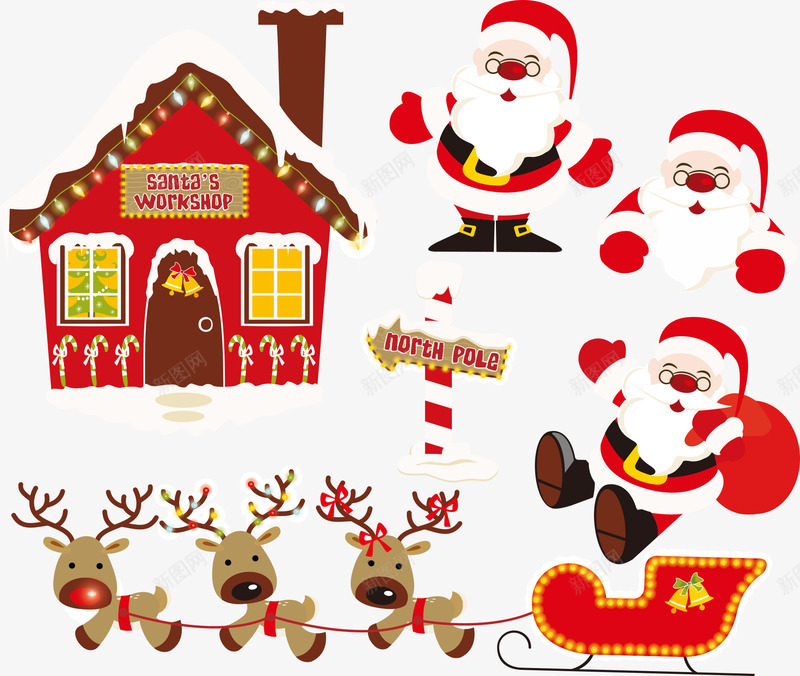 圣诞老人与房子png免抠素材_新图网 https://ixintu.com 圣诞老人 房子 房屋 路牌 雪橇 麋鹿
