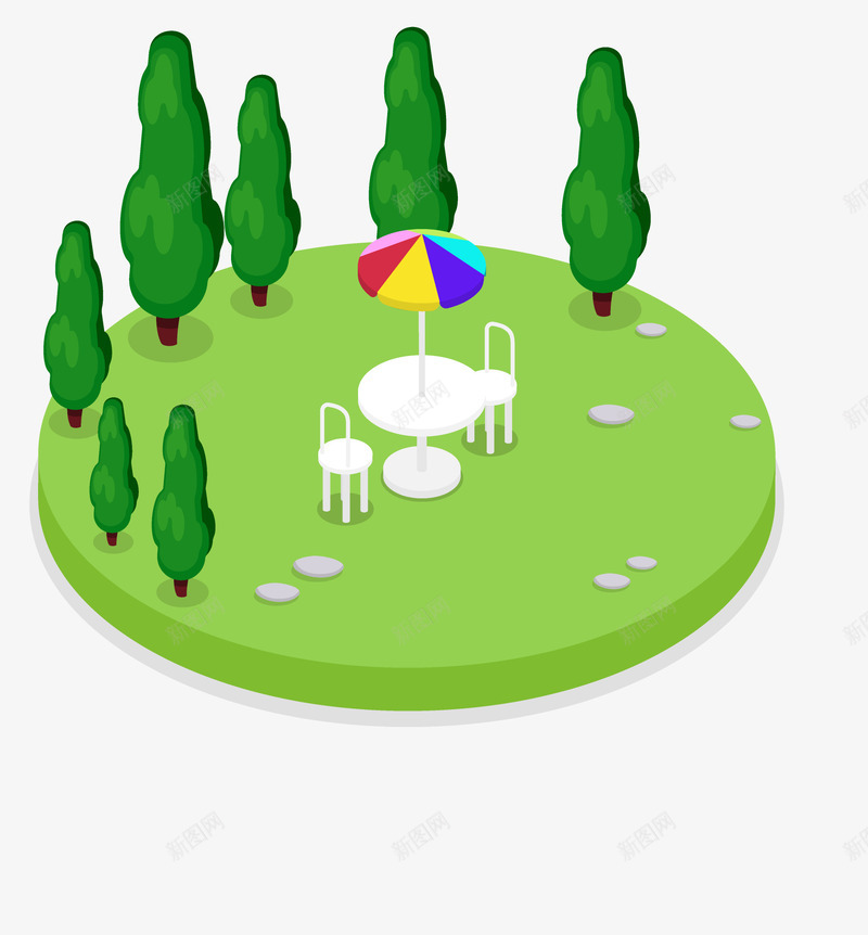 绿树圆形图标上的休闲区png_新图网 https://ixintu.com 卡通手绘 树木 植物 绿树图标 绿植 装饰图