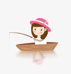 卡通手绘钓鱼的小女孩素材