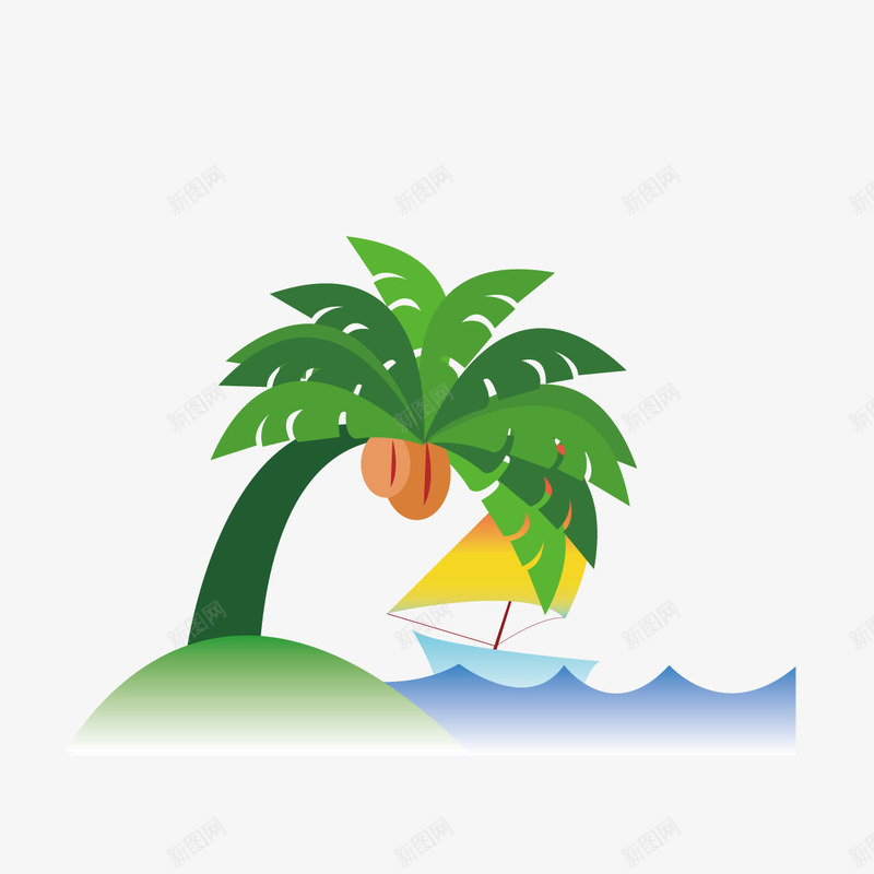 帆船椰子树png免抠素材_新图网 https://ixintu.com 卡通 帆船 椰子树
