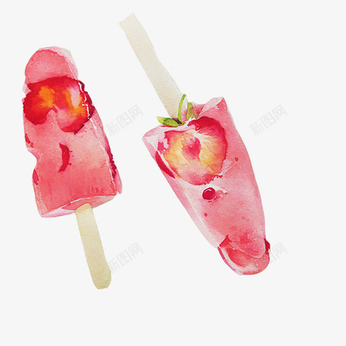 草莓雪糕手绘片png免抠素材_新图网 https://ixintu.com 冰棒 水彩画 粉红色 草莓味 雪糕
