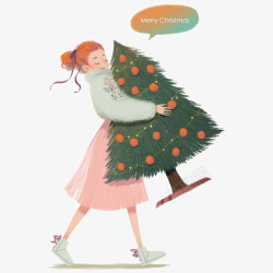 女孩抱圣诞树素材
