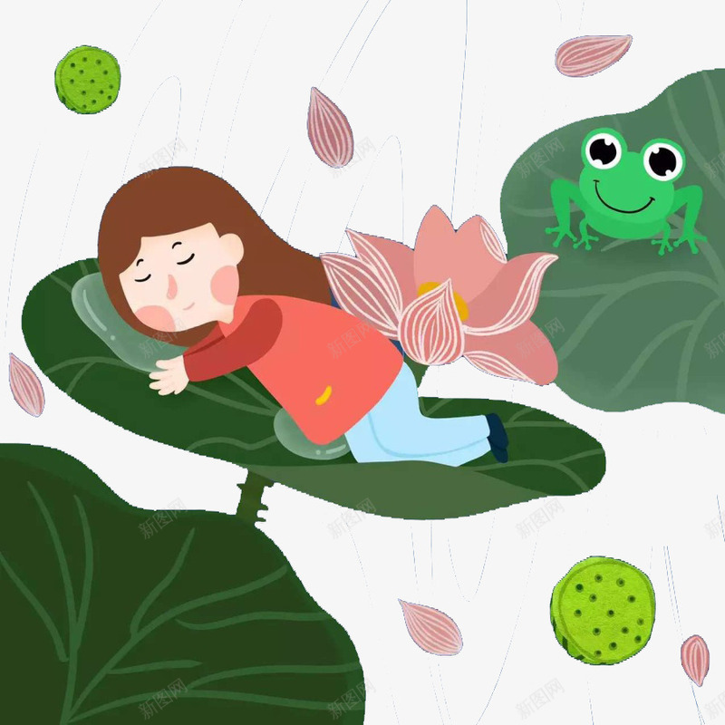 睡在荷叶上的女孩png免抠素材_新图网 https://ixintu.com 卡通 手绘 睡觉 红绿 花瓣 荷叶 青蛙