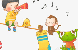 卡通可爱小人在绳子上吹笛子素材