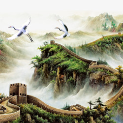 手绘青山绿水彩色中国风工艺山水画高清图片