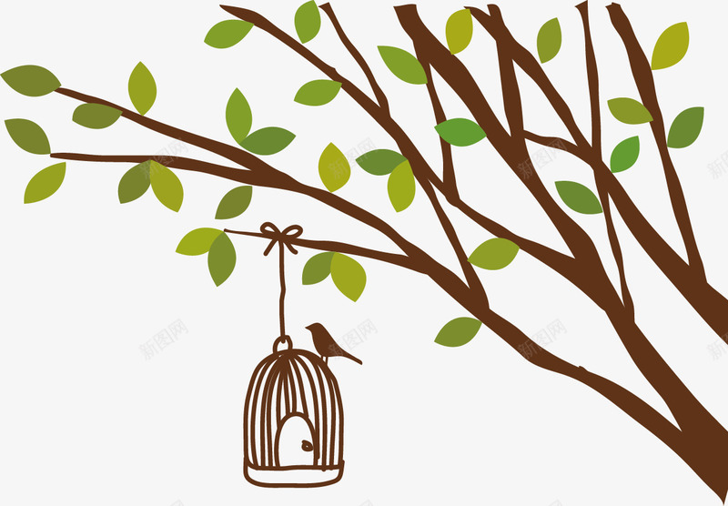 挂着笼子的树枝png免抠素材_新图网 https://ixintu.com 叶子 小鸟 手绘 植物 笼子 装饰素材