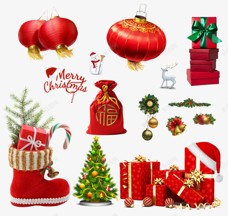 圣诞元旦png免抠素材_新图网 https://ixintu.com 元旦 圣诞 圣诞帽子 圣诞树 圣诞鞋子 礼包 礼物 红灯笼 雪人