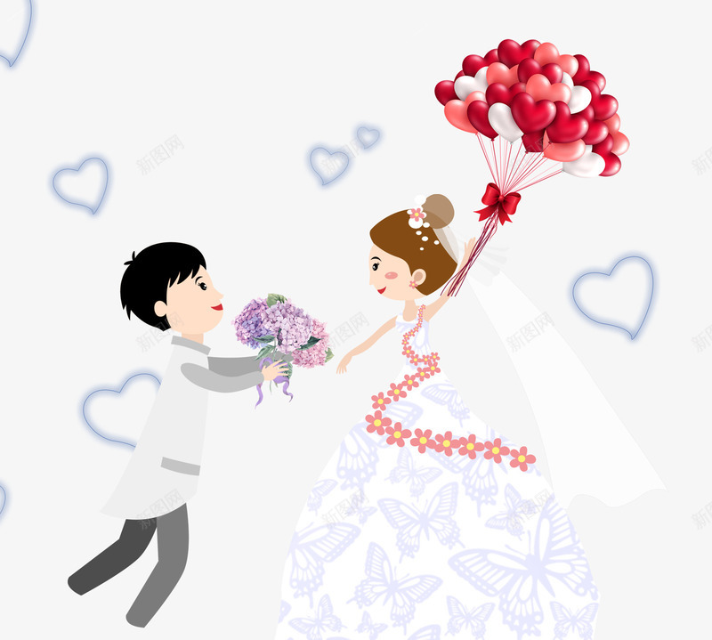 卡通结婚的新人psd免抠素材_新图网 https://ixintu.com 卡通 手捧花 爱心气球 爱心装饰 白色婚纱 结婚的新人