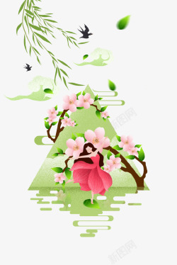 绿色清新春季舞蹈花朵插画素材