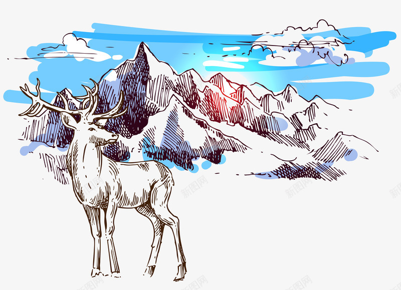 鹿和雪山png免抠素材_新图网 https://ixintu.com 动物 卡通 山 手绘 白色的 简图 蓝色的 雪山 鹿