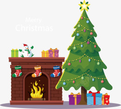 棕色矢量圣诞节壁炉手绘圣诞树下的礼物矢量图高清图片