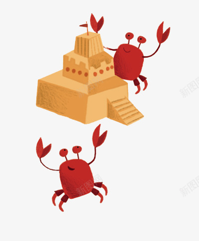 手绘螃蟹沙堆城堡png免抠素材_新图网 https://ixintu.com 创意设计 可爱卡片 手绘插画