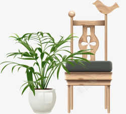 手绘盆栽木椅图案素材