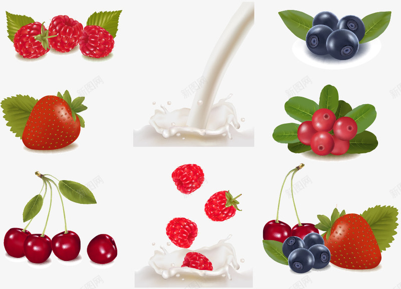 水果鲜奶png免抠素材_新图网 https://ixintu.com 2 樱桃 水果 牛奶 矢量素材 草莓 蓝莓 飞溅 鲜奶