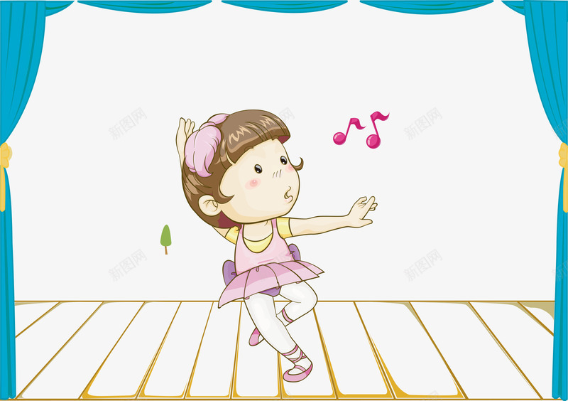 舞台上跳舞的女孩png免抠素材_新图网 https://ixintu.com 人物插画 卡通人物 卡通插画 幕布 矢量人物 舞台 跳舞 音符