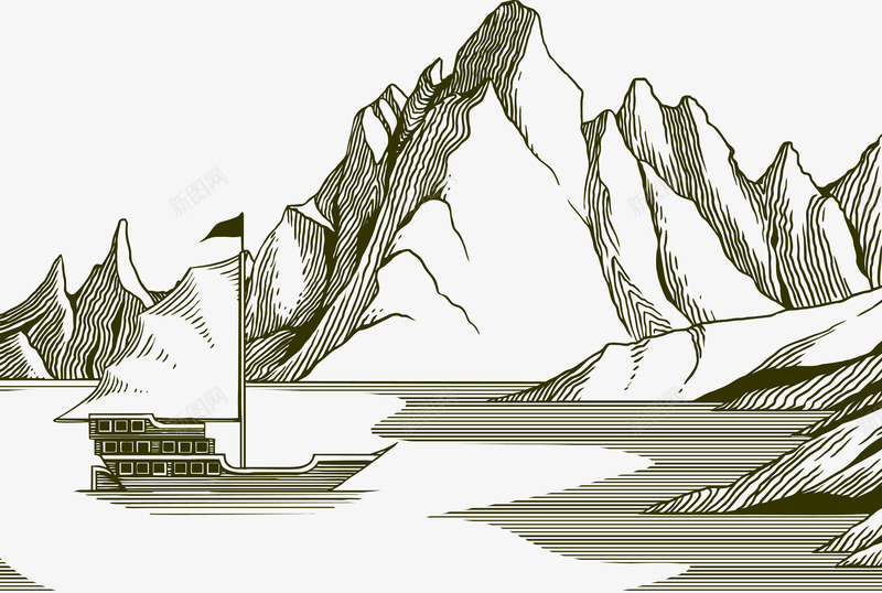 手绘大山帆船矢量图eps免抠素材_新图网 https://ixintu.com 大山 帆船 手绘 旗帜 河水 矢量PNG 素描 矢量图