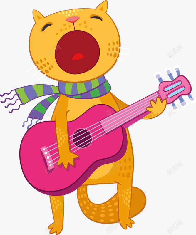 唱歌的猫咪png免抠素材_新图网 https://ixintu.com 卡通 吉他 唱歌 围巾 手绘 猫咪 黄色