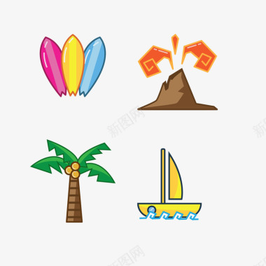 椰树小船火山渡假小图标图标