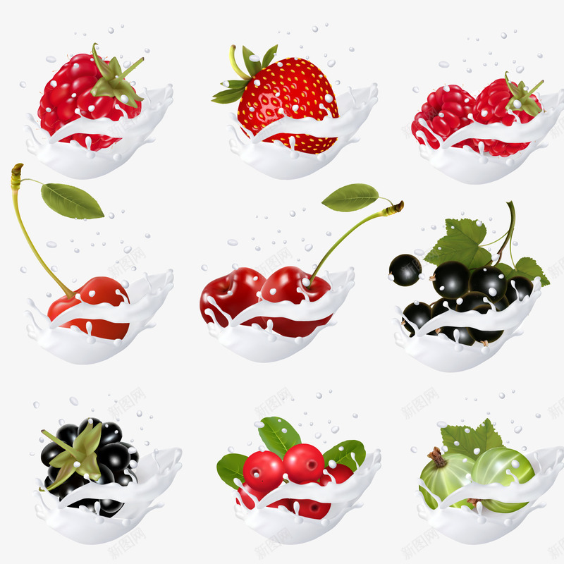 牛奶和水果png免抠素材_新图网 https://ixintu.com 卡通 卡通提子 手绘 桑葚 樱桃 水果 牛奶 草莓 葡萄 蓝莓