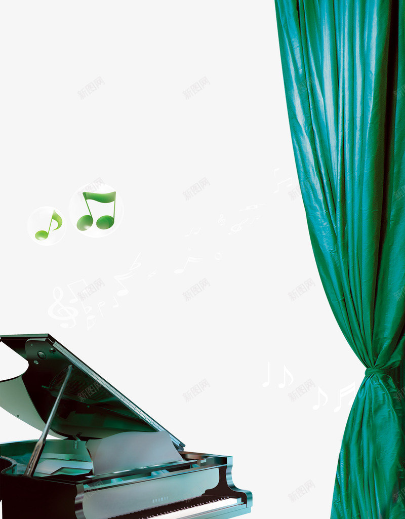 音乐教室png免抠素材_新图网 https://ixintu.com 绿色幕布 钢琴 钢琴键 音乐教室 音符