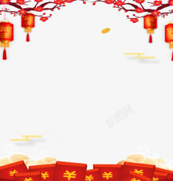 灯笼桃花红色中国风新春红包边框高清图片