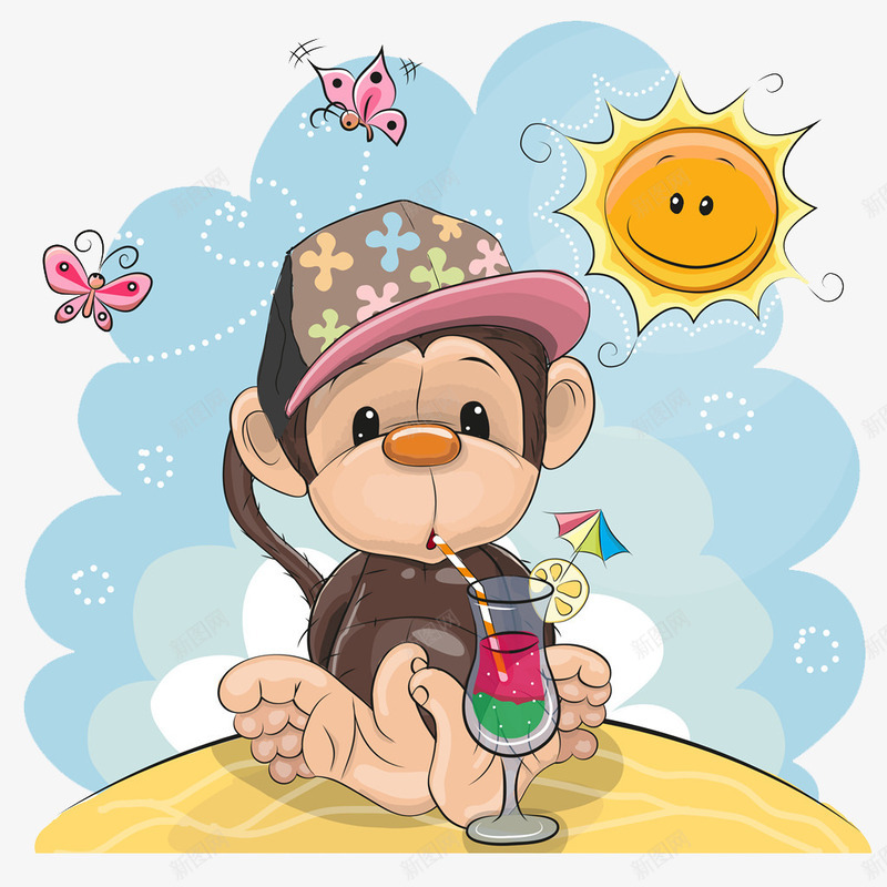 喝果汁的猴子png免抠素材_新图网 https://ixintu.com 动物 卡通 手绘 果汁 猴子