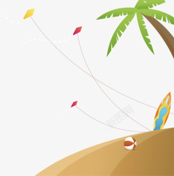 多彩冲浪板夏季沙滩上放风筝高清图片