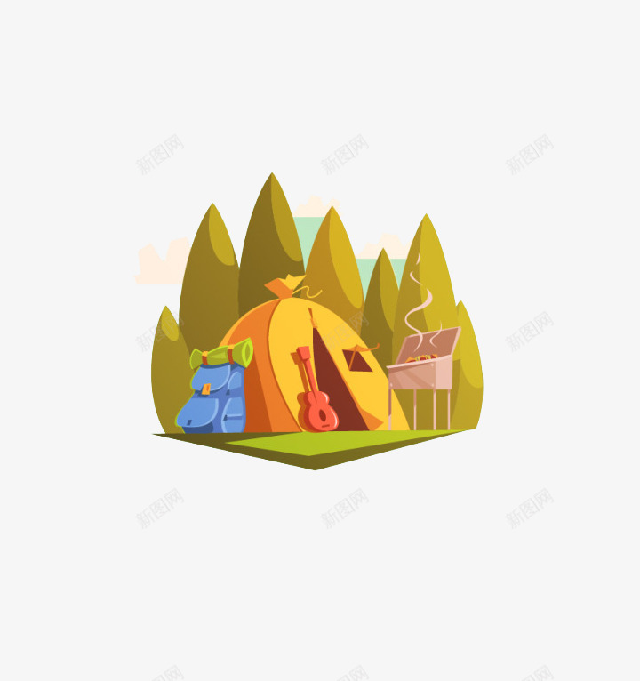 野营时间png免抠素材_新图网 https://ixintu.com 卡通 橙色吉他 野外 黄色帐篷